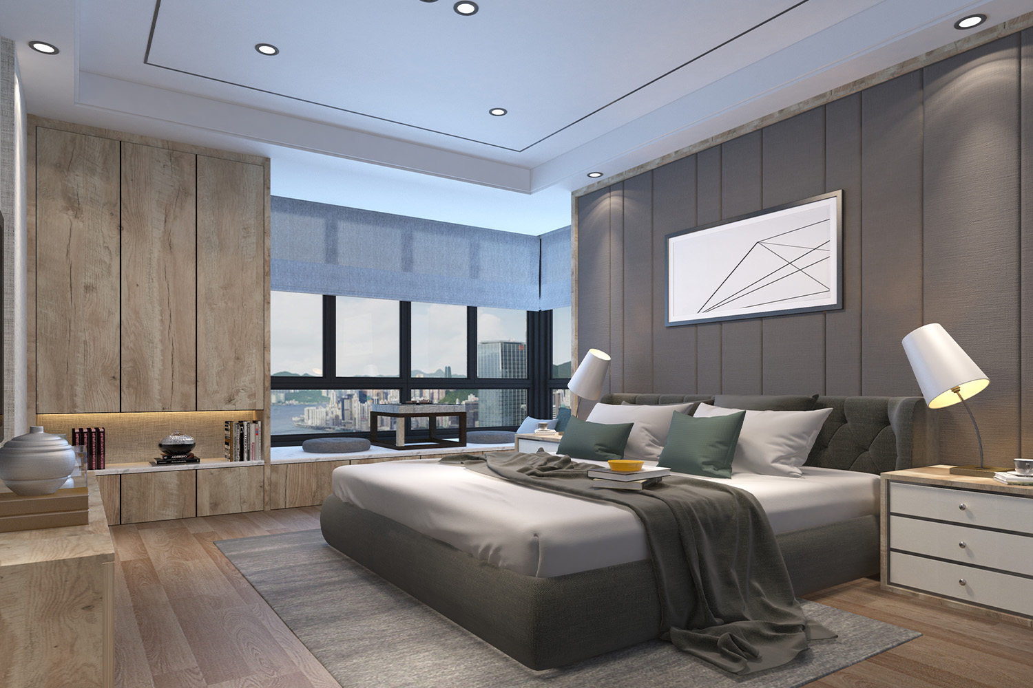 matt grey and texture wood laminate wardrobe design