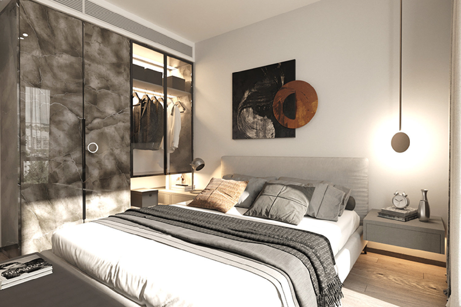 glossy grey and white laminate bedroom design