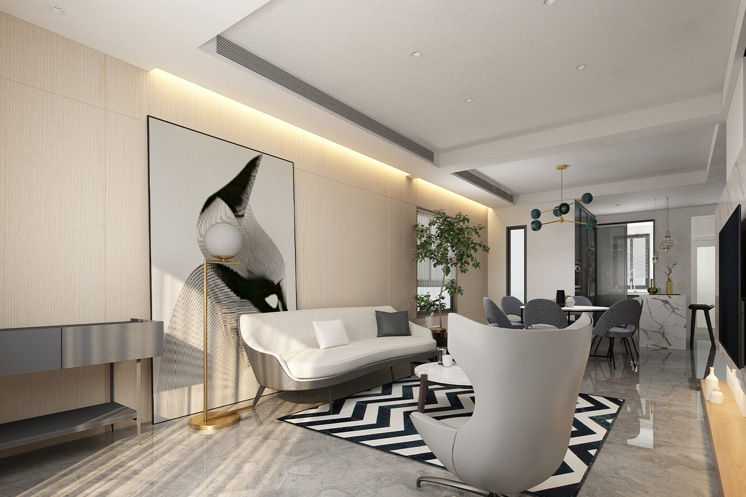 glossy white and matt white laminate living room design