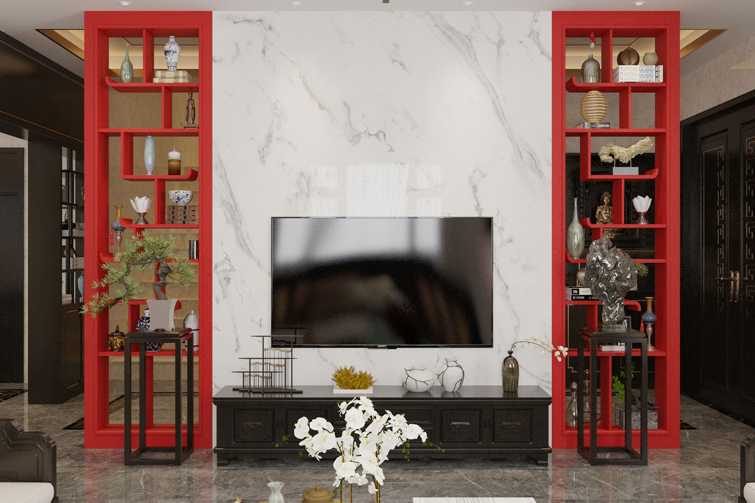 red laminate tv unit design