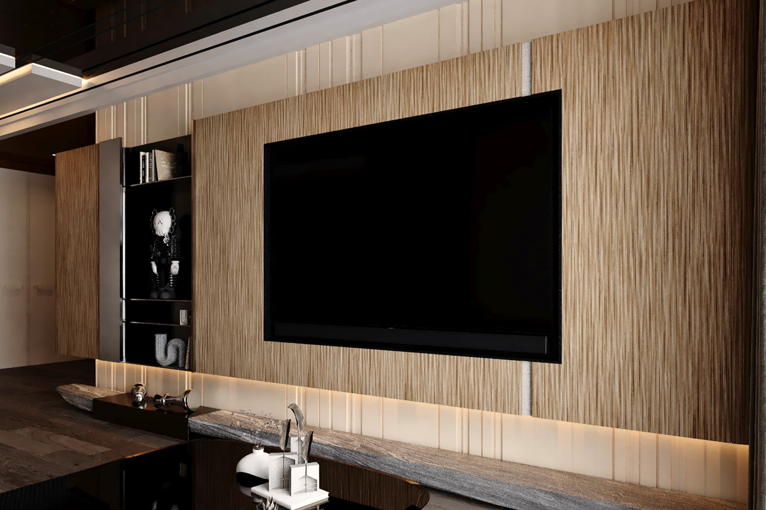 wooden textured laminate tv unit design