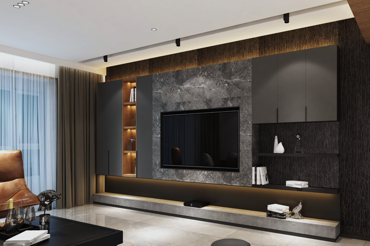 dark grey textured laminate living room wall design