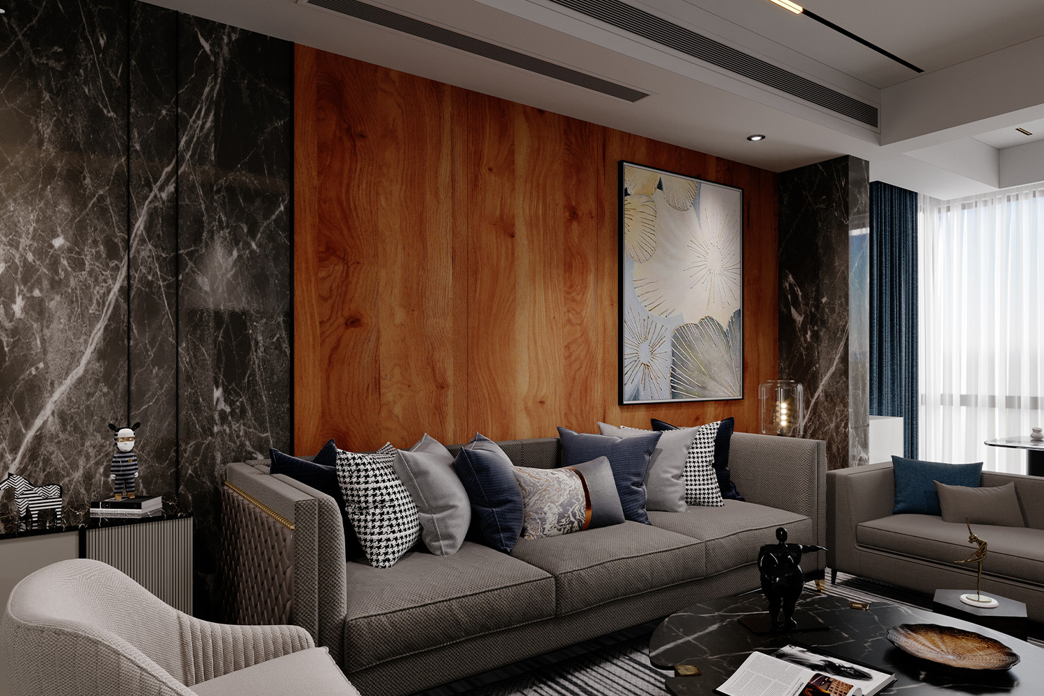 wooden textured laminate living room wall design