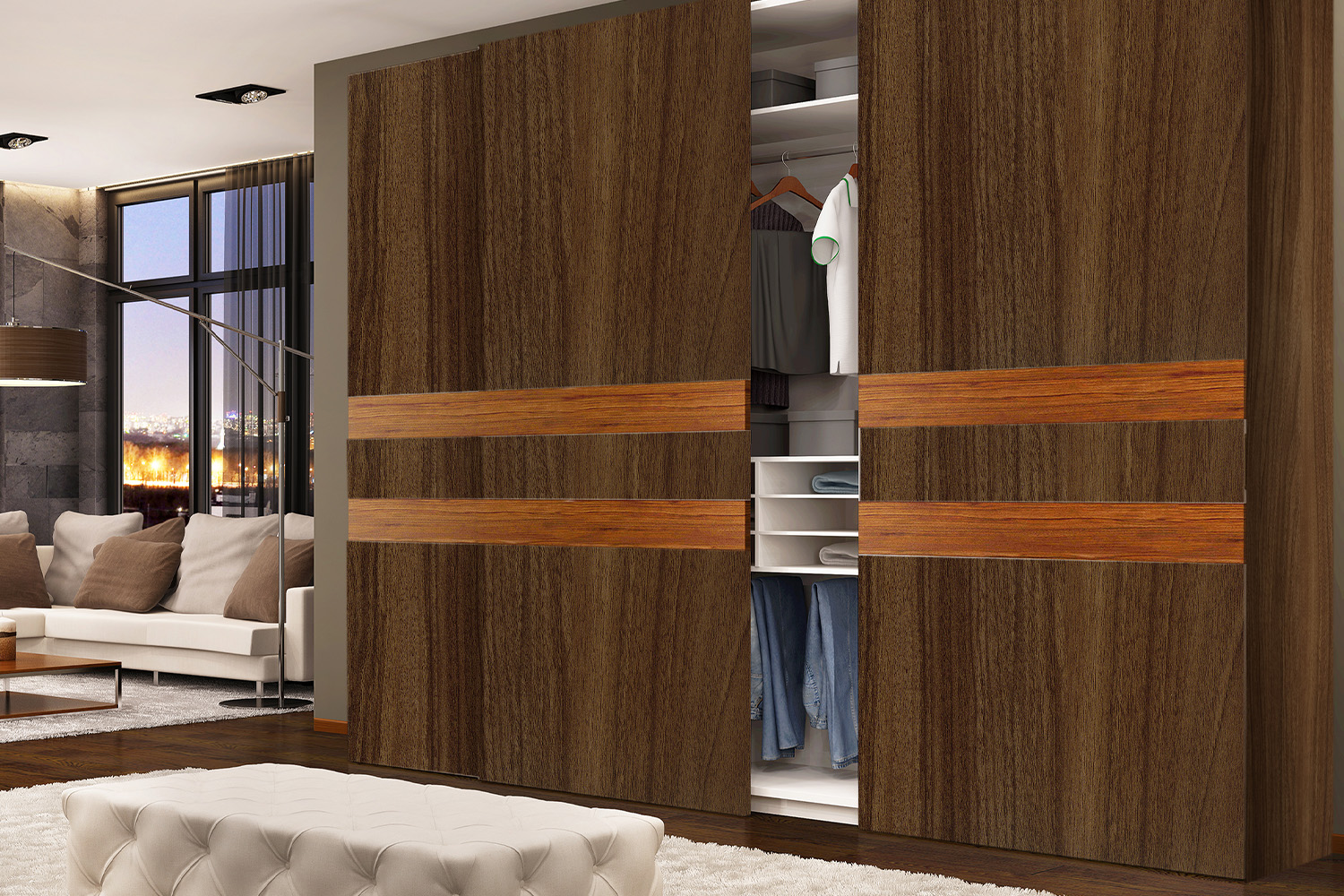 wooden textured walk in wardrobe design