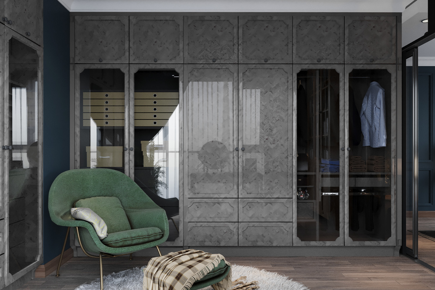 high gloss laminate walk in wardrobe design