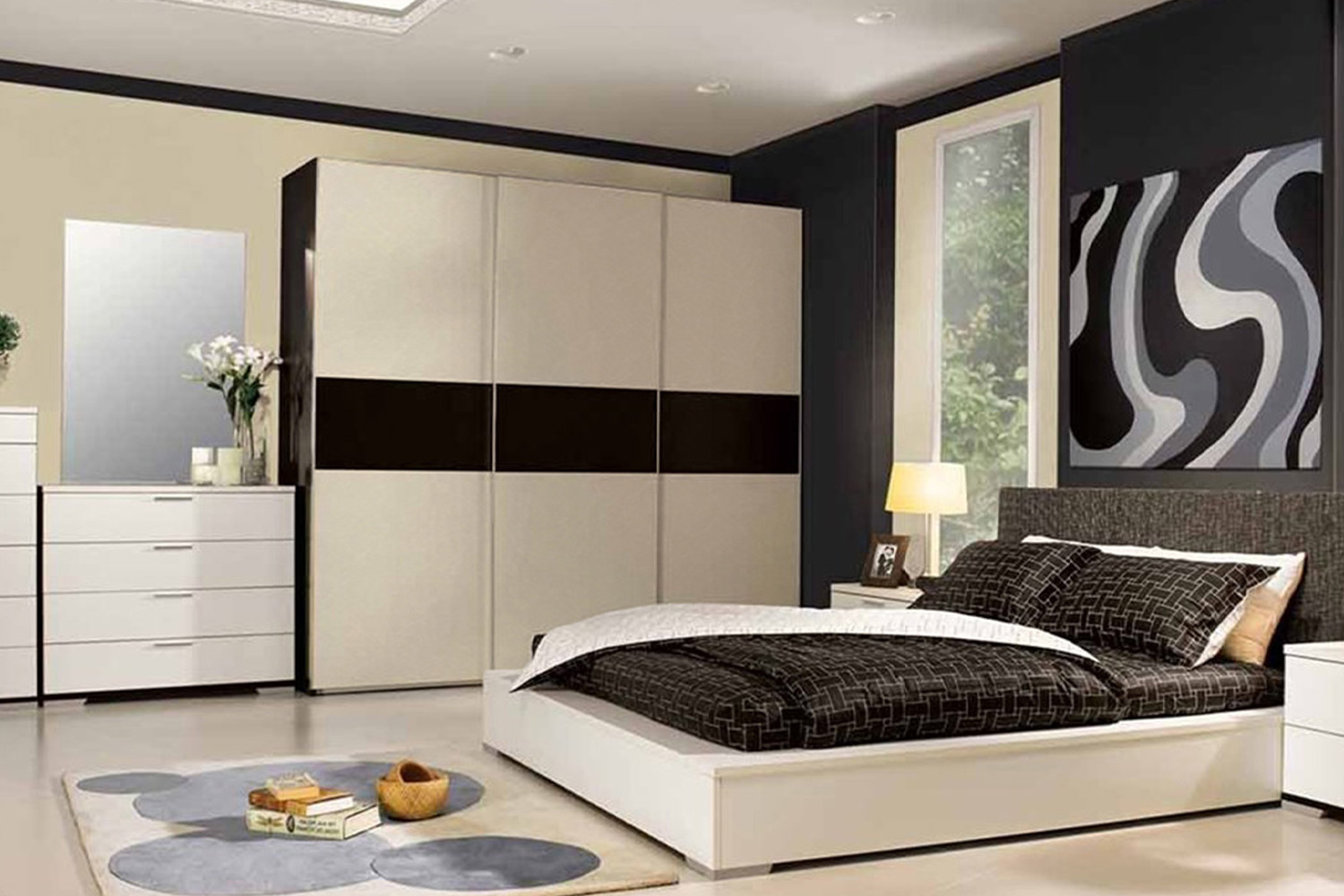 white and black laminate walk in wardrobe design