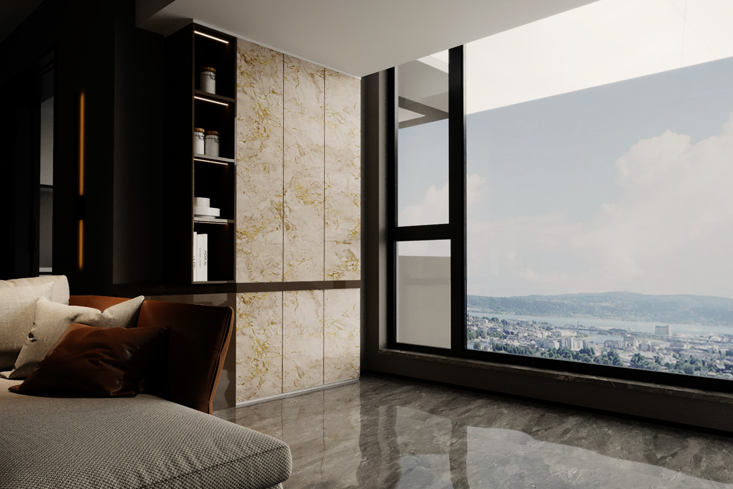 glosy textured laminate walk in wardrobe design