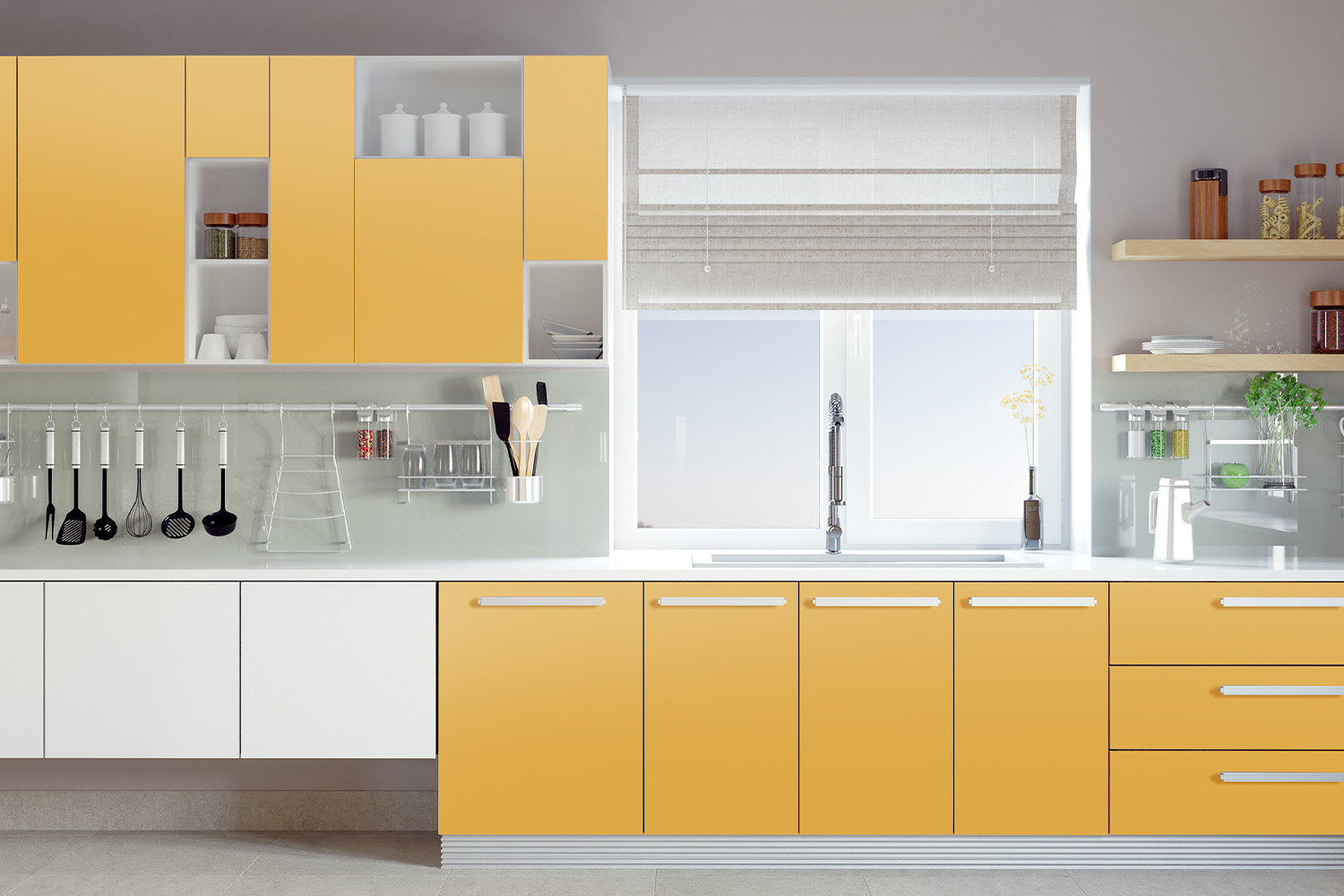 yellow modular kitchen cabinet design
