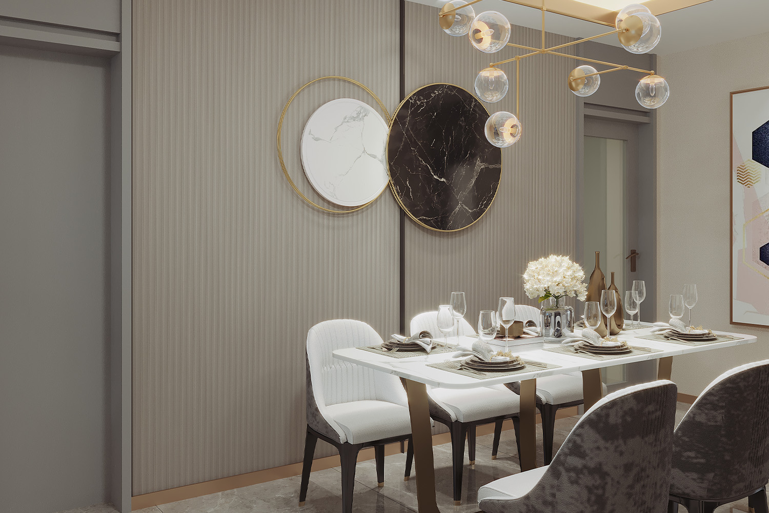 White & brown laminates for dinning room design