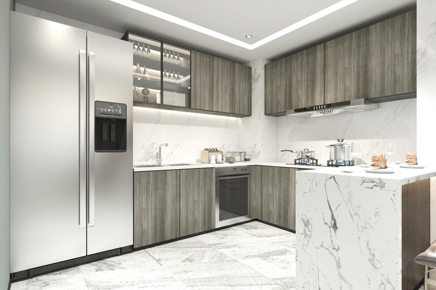 grey and white textured laminate two color combination for kitchen design