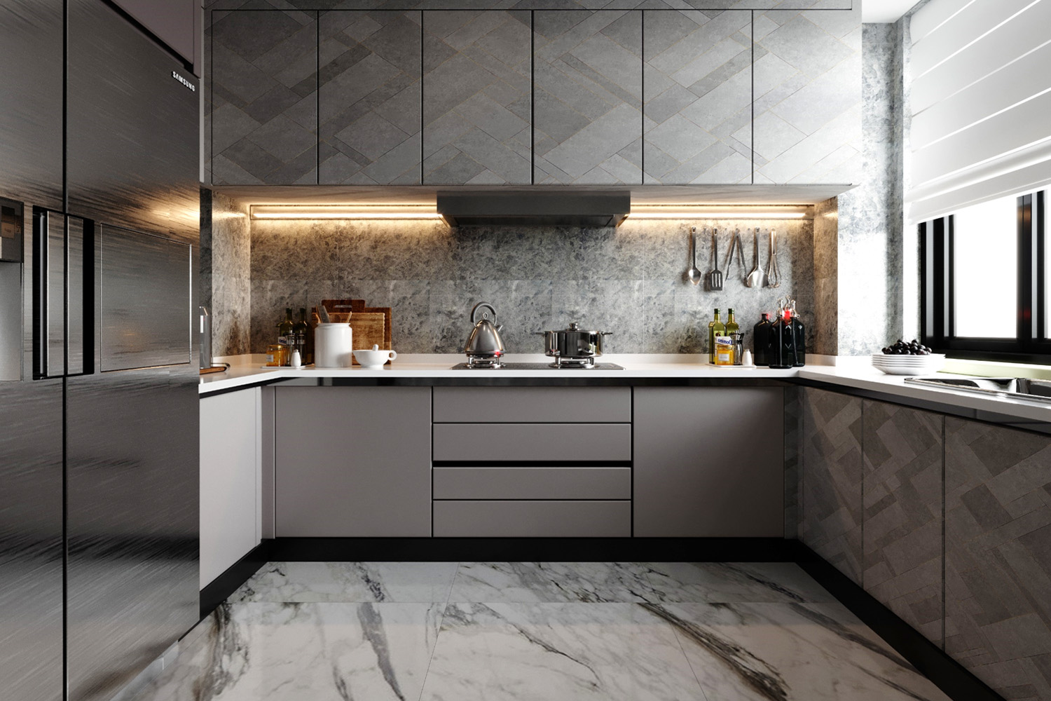 matt grey and white laminate two color combination for kitchen design