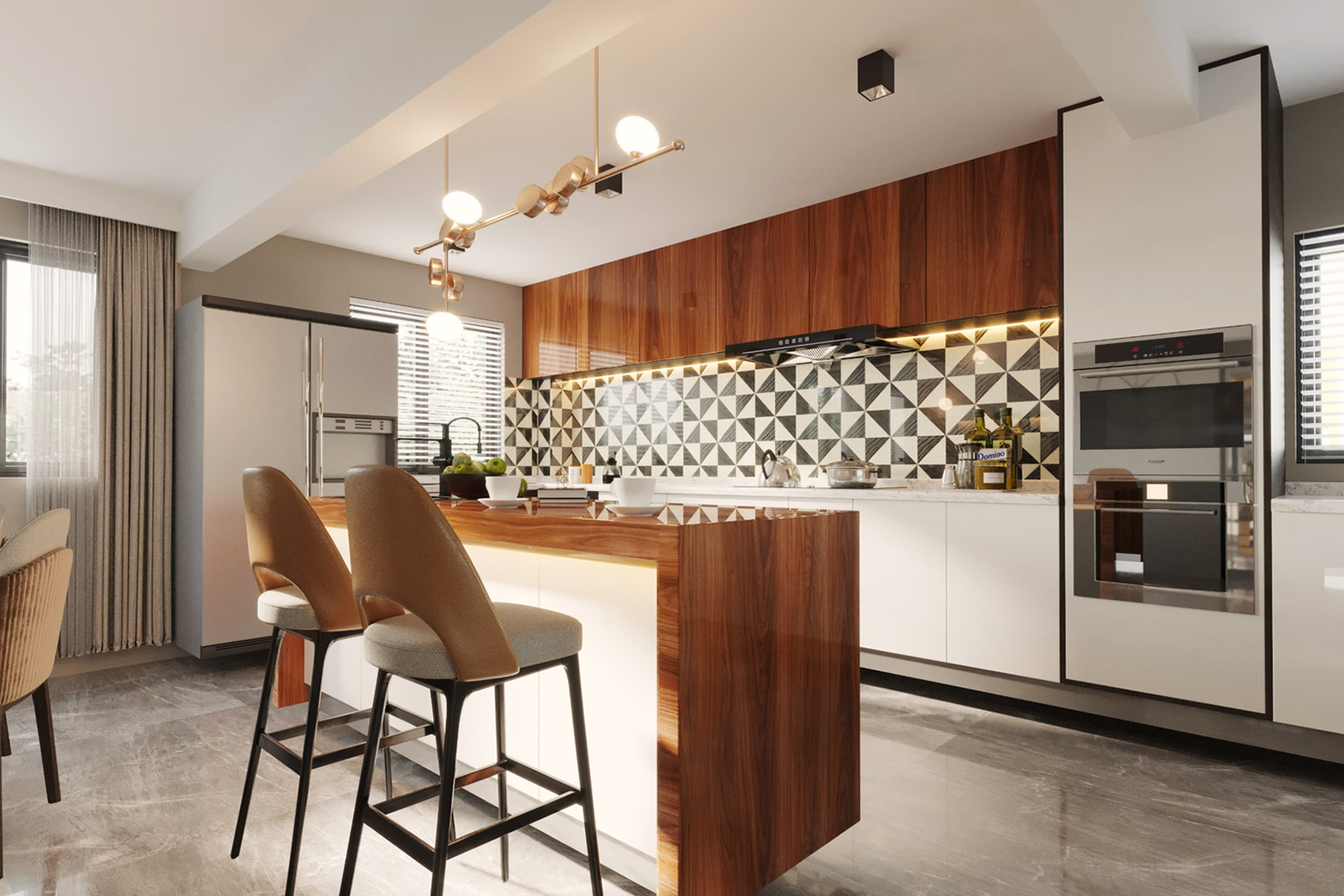 glossy brown and white laminate two color combination for kitchen design