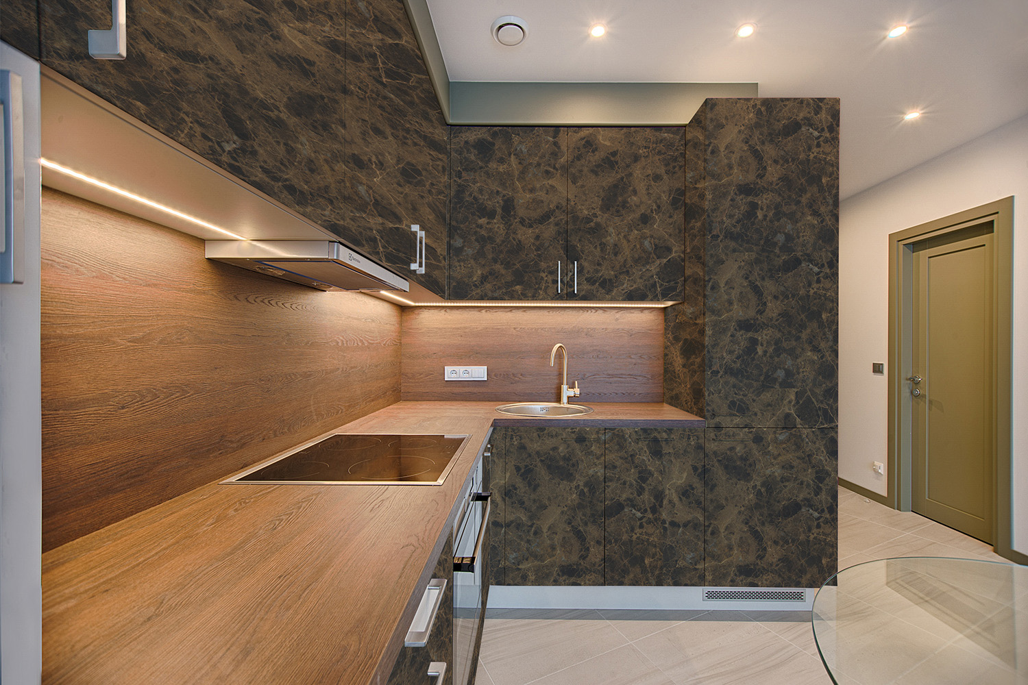 brown and black textured laminate two color combination for kitchen design
