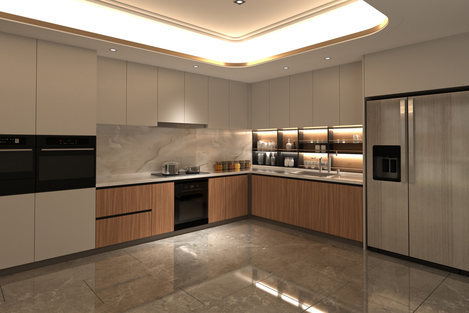 light brown and dark brown laminate color combination for kitchen design