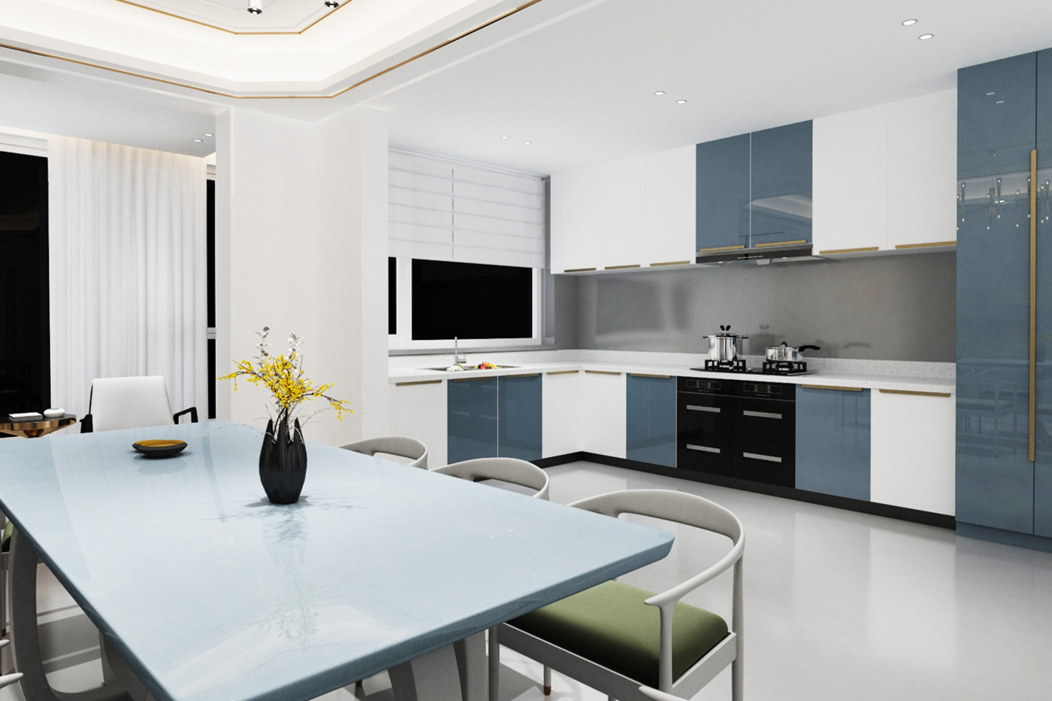 white and blue color combination for kitchen design