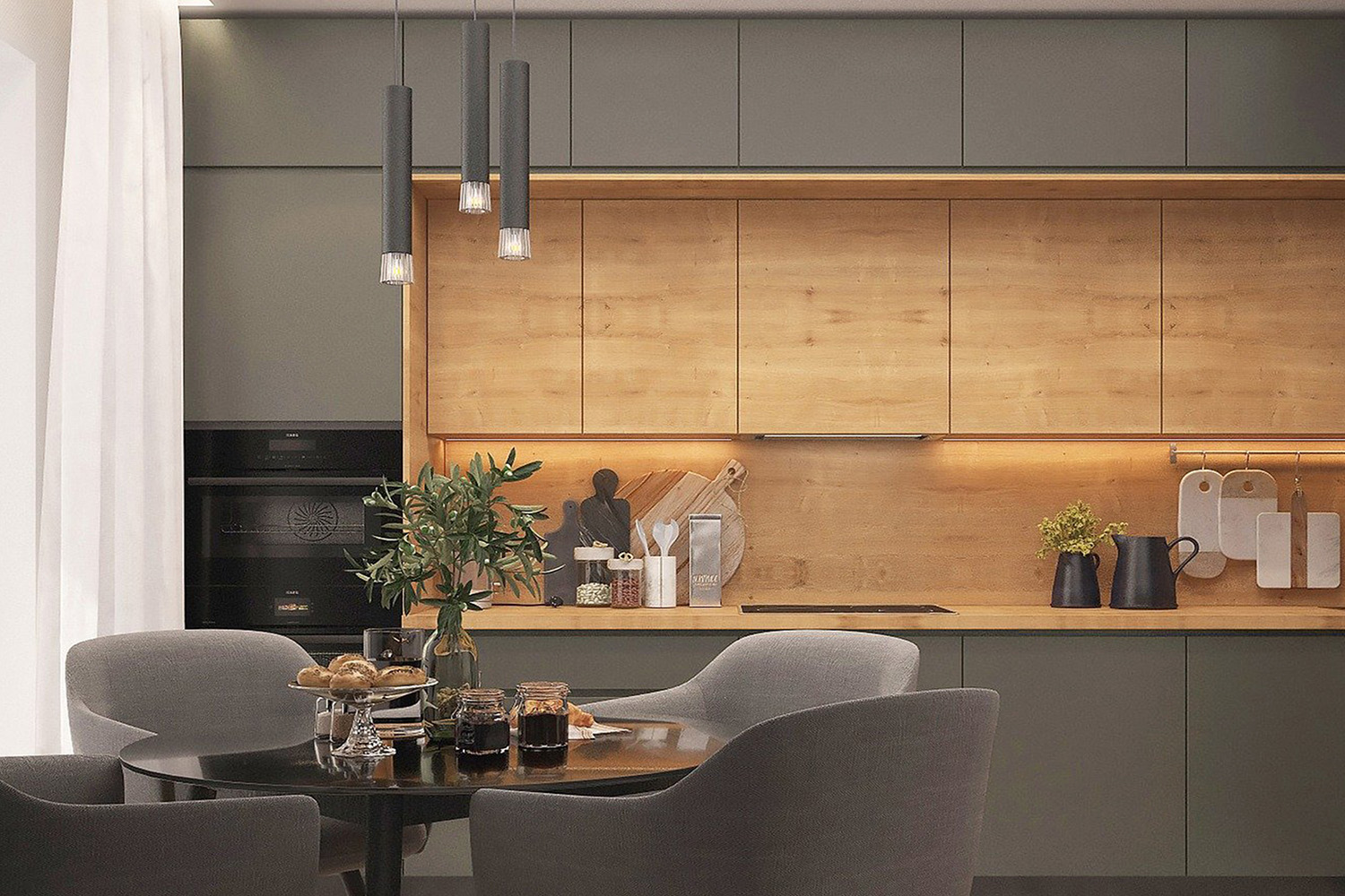 grey and brown laminate color combination for kitchen design