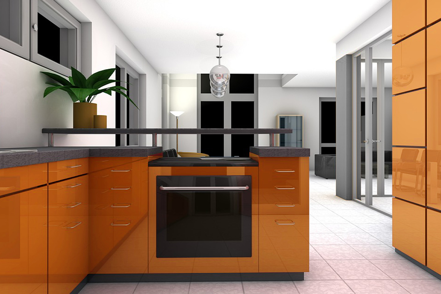 glossy white and orange color combination for kitchen design