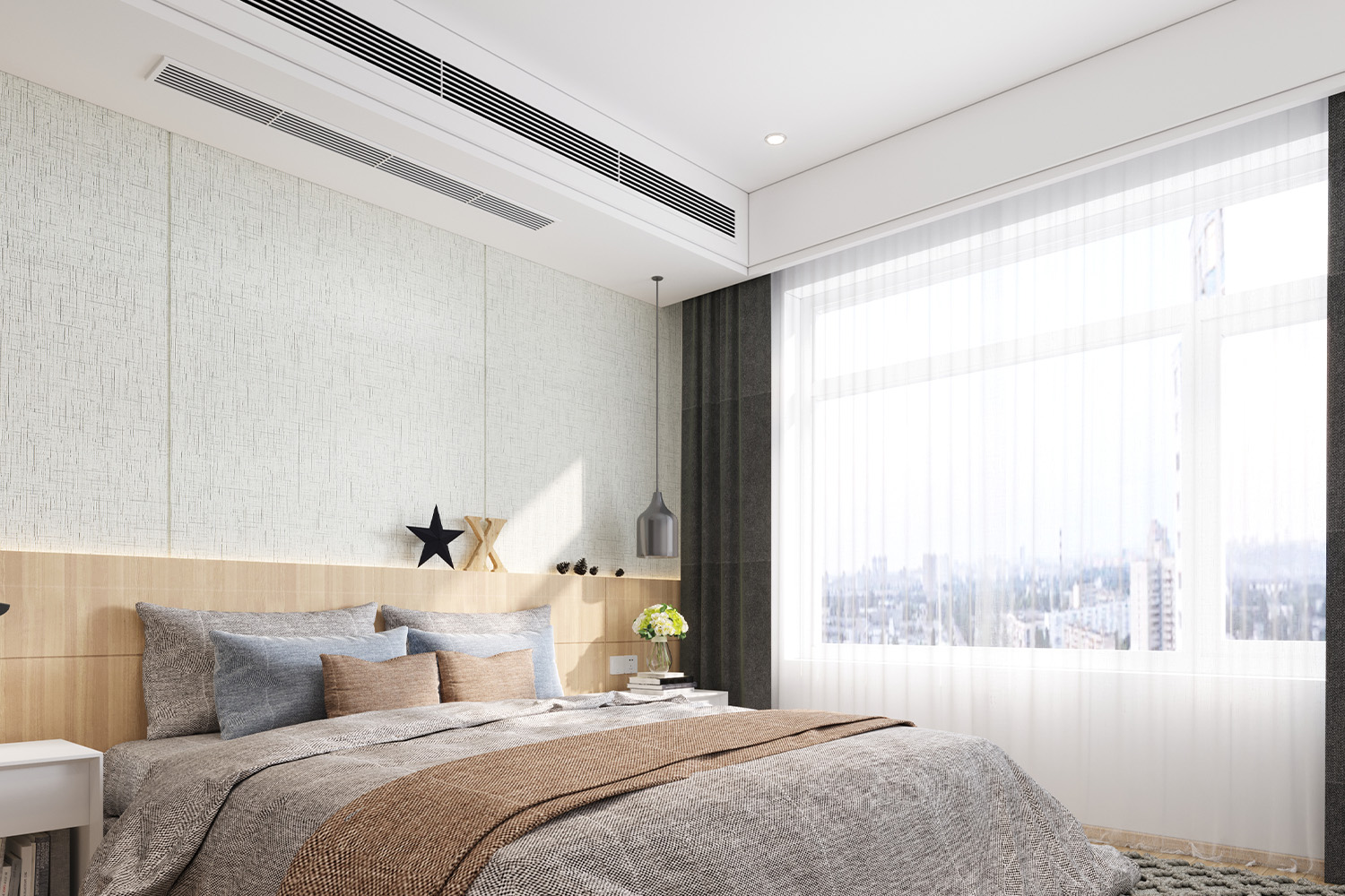 grey and wooden laminate color combination for bedroom design