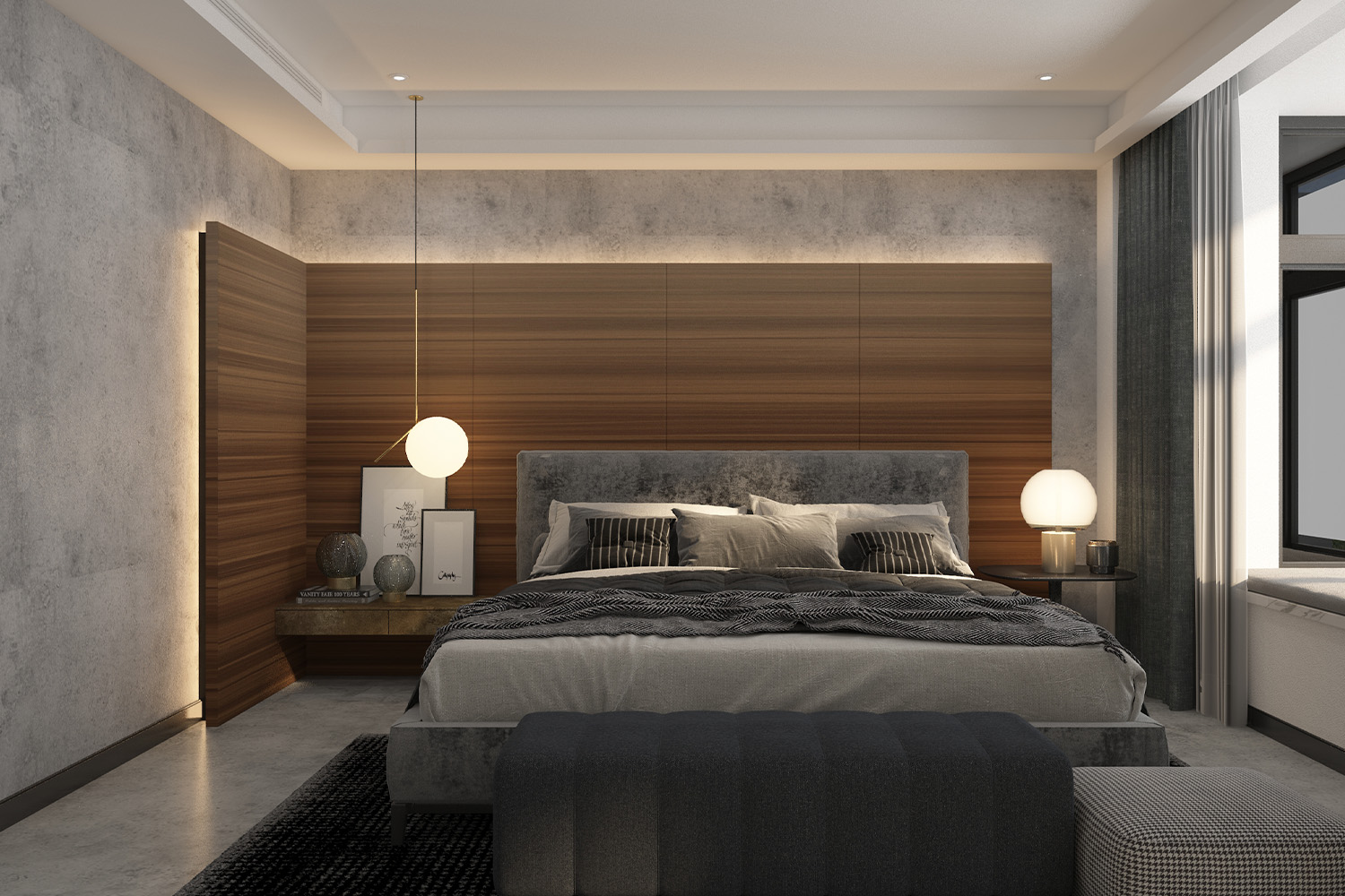 dark wood textured laminate color combination for bedroom design
