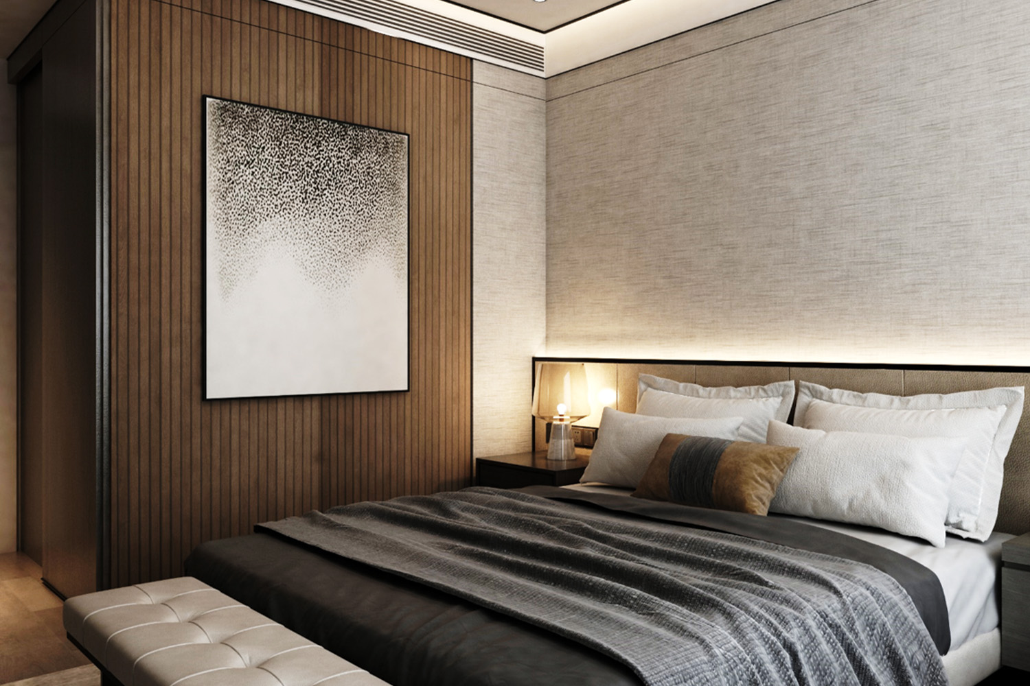 grey and wooden laminate color combination for bedroom design
