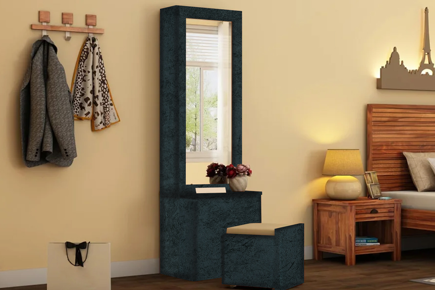 Wall-mounted dressing table with mirror, drawers, and compact space-saving design