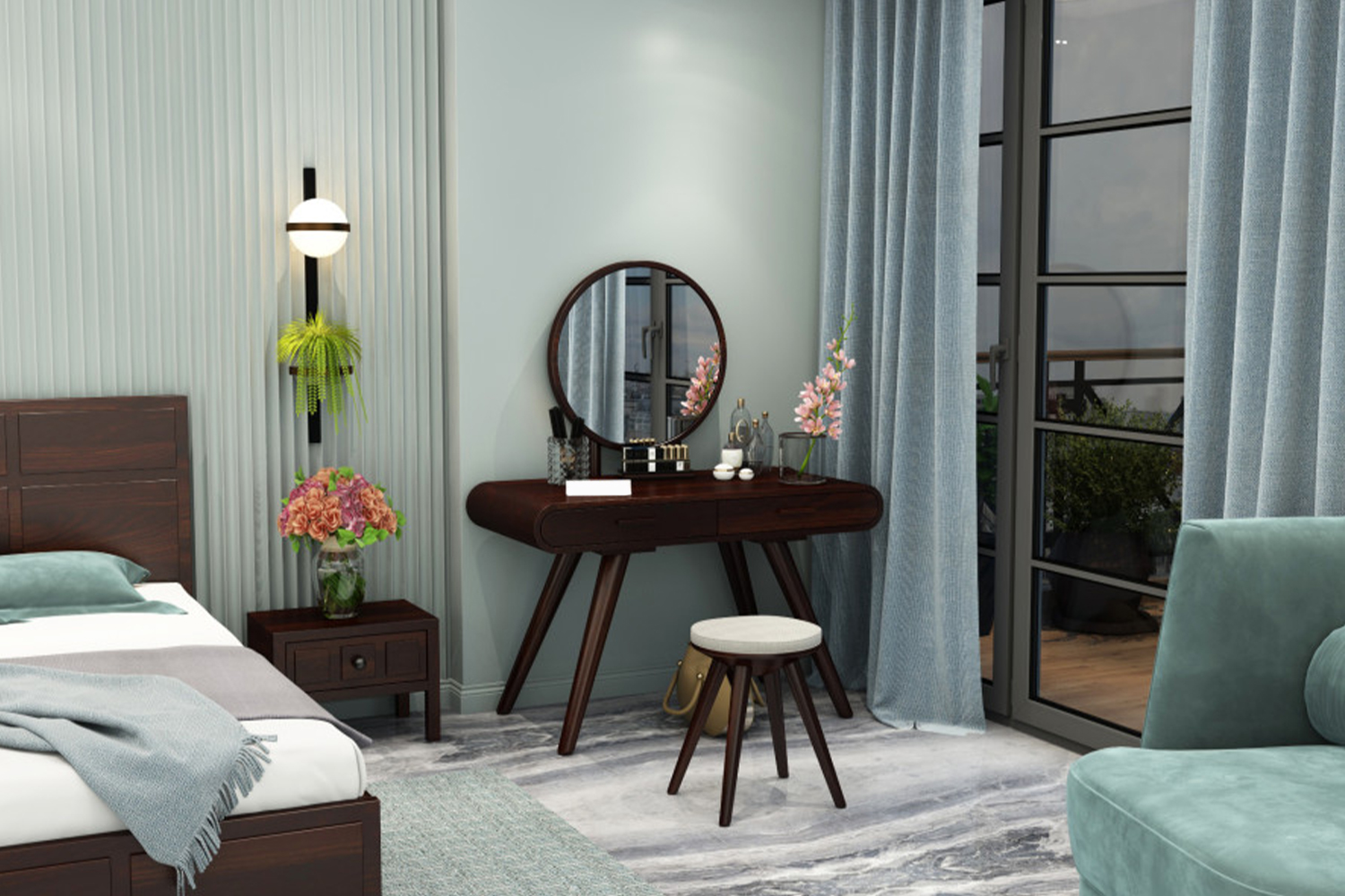 modern dark wood dressing table with round mirror and matching stool