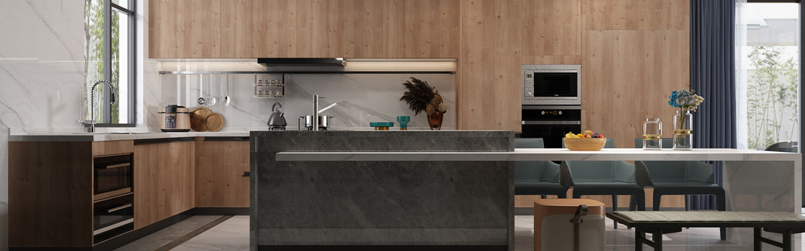 brown textured laminate open kitchen design