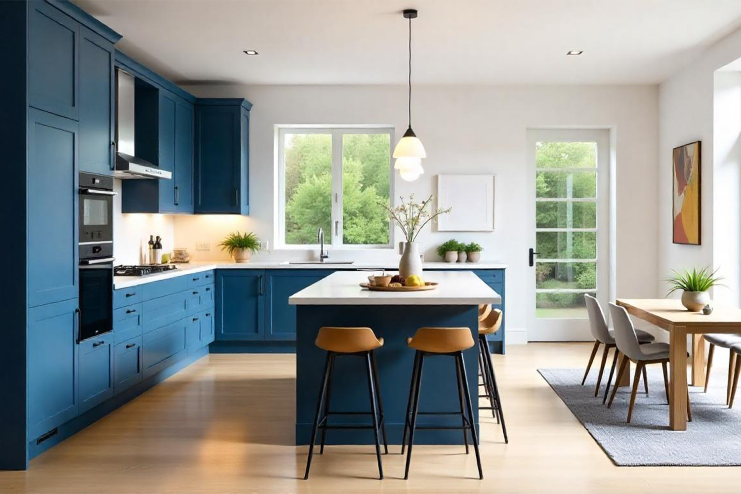blue and white laminate L shape kitchen design
