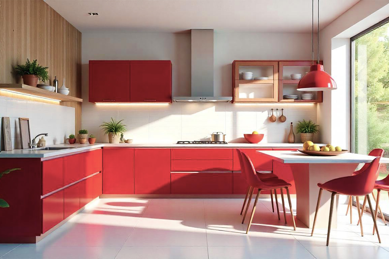 red laminate L shape kitchen design