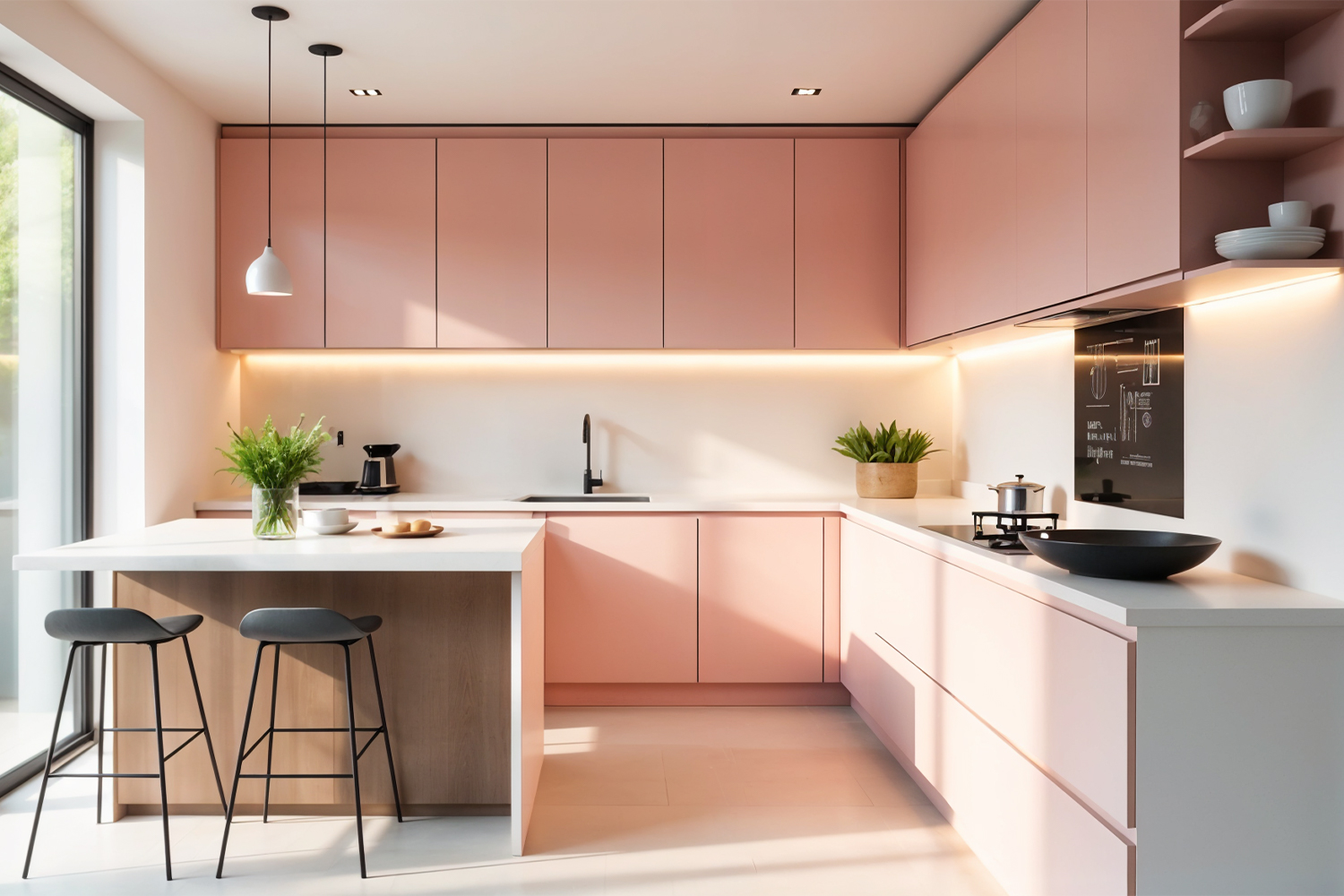 pink and white matt laminate L shape kitchen design