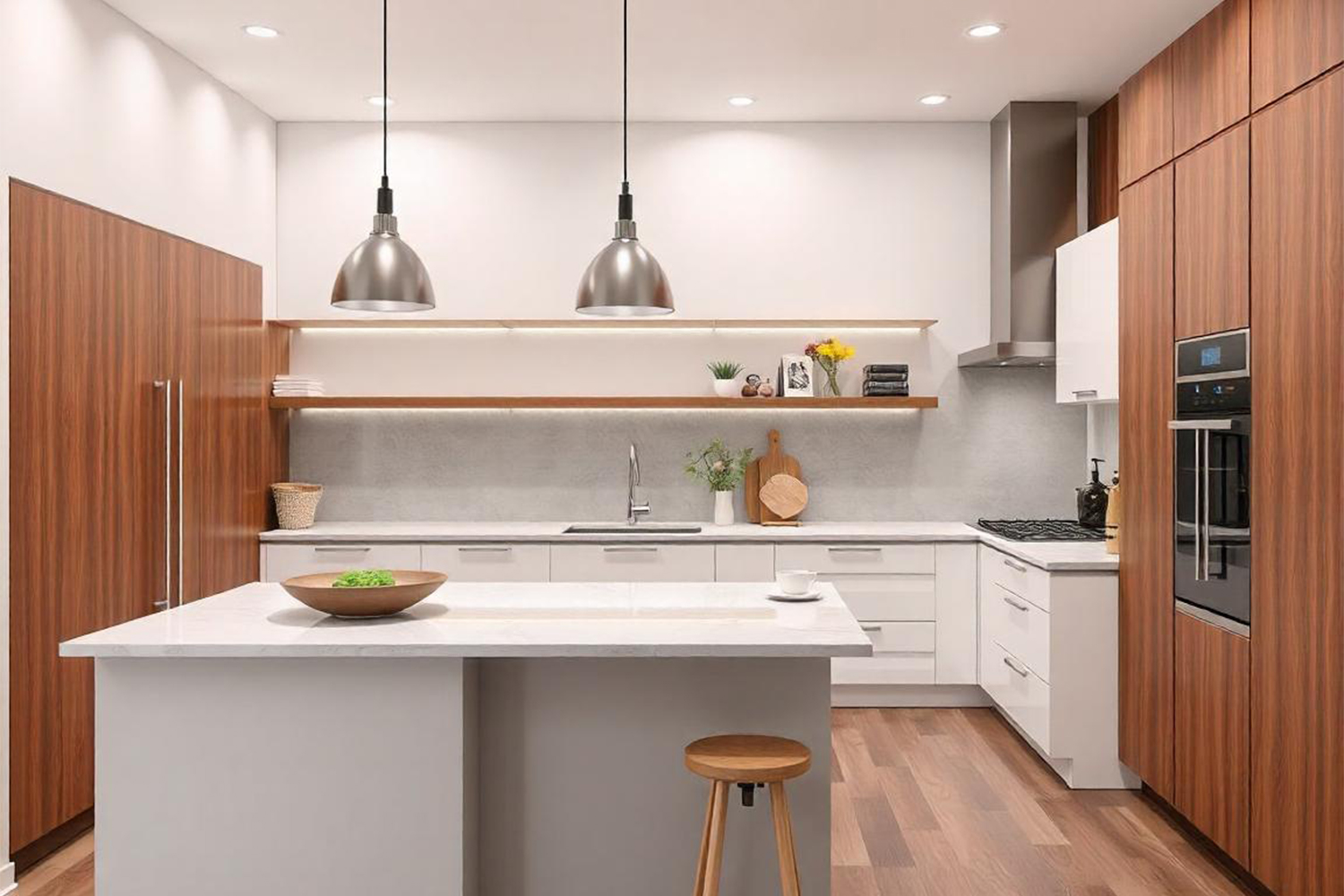 textured wood laminate L shape kitchen design