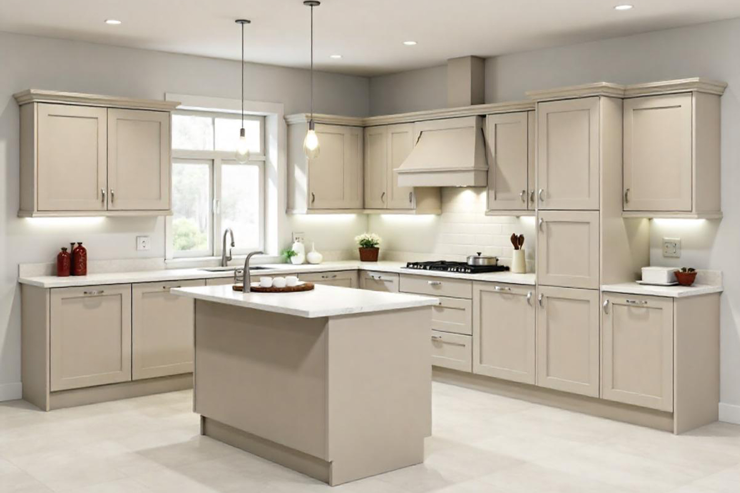 cream color laminate L shape kitchen design