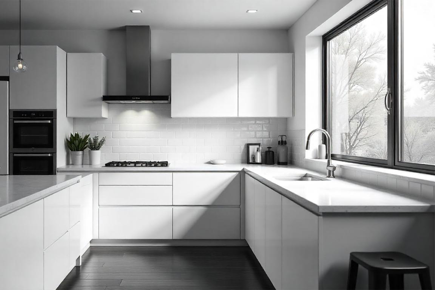 white laminate L shape kitchen design