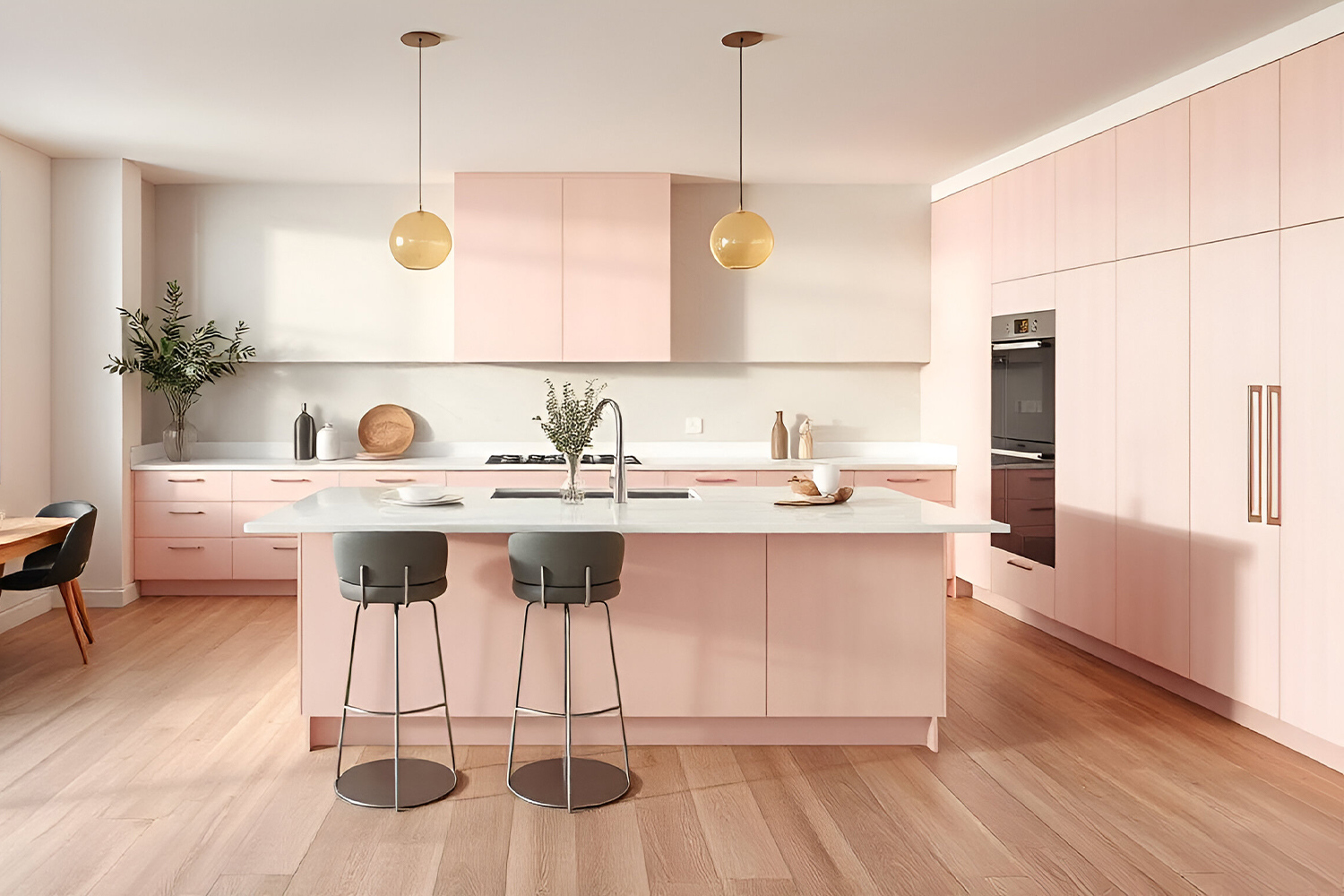 blush pink laminate open kitchen design