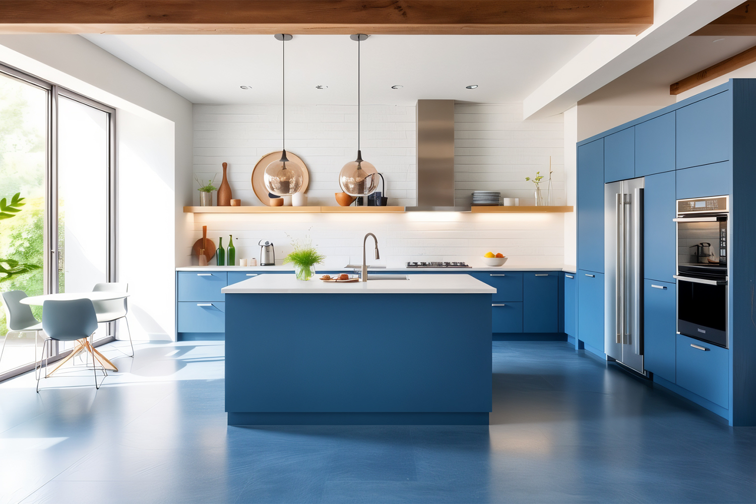 blue laminate open kitchen design