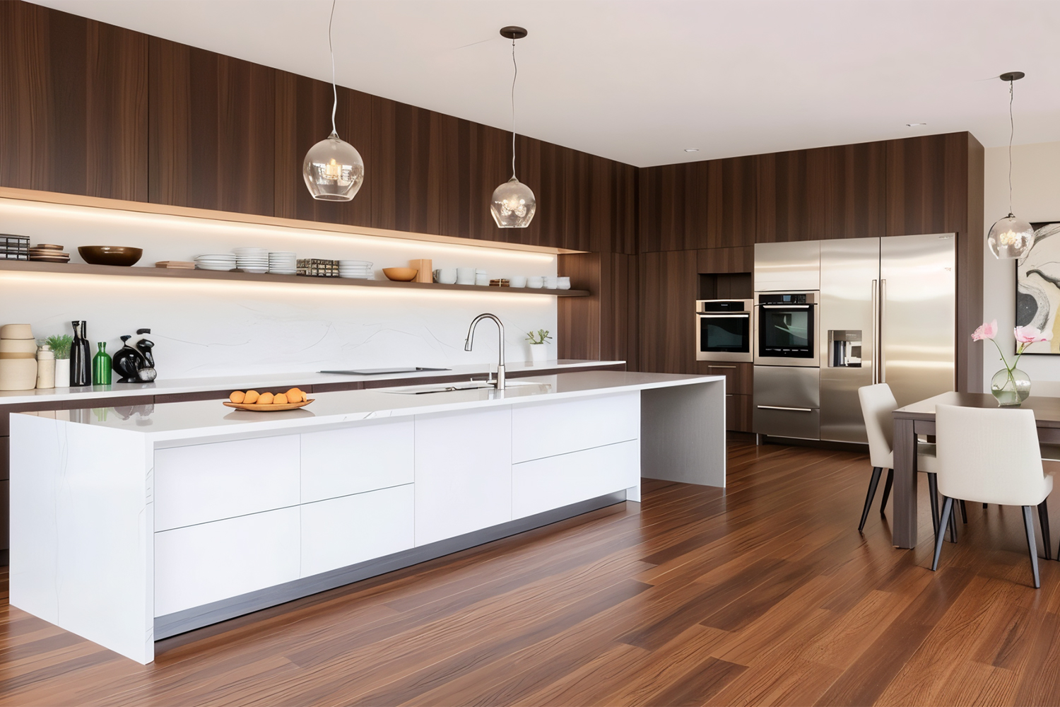 dark walnut laminate open kitchen design