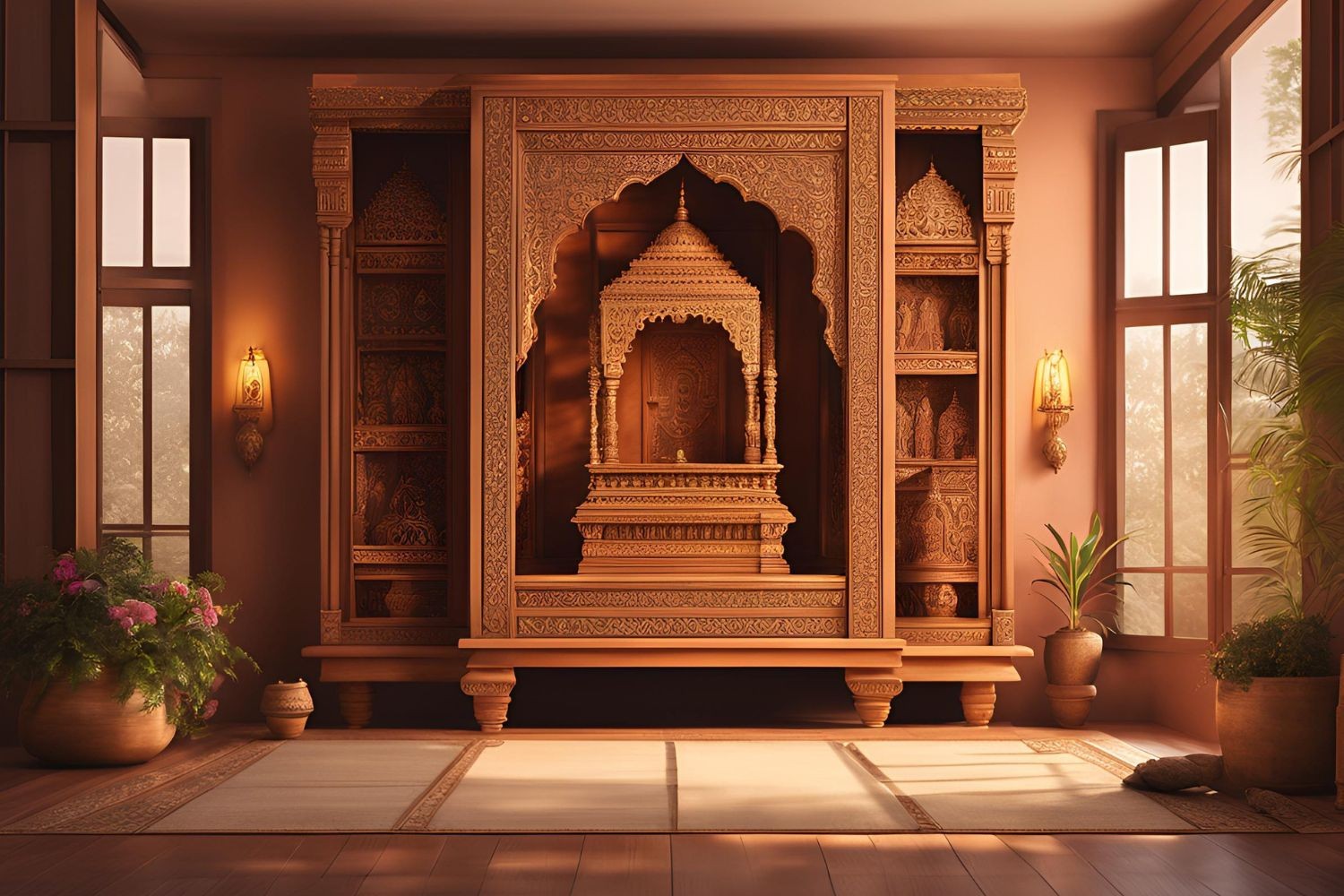 Wooden home mandir with intricate carvings, temple dome design, and Laminate finish