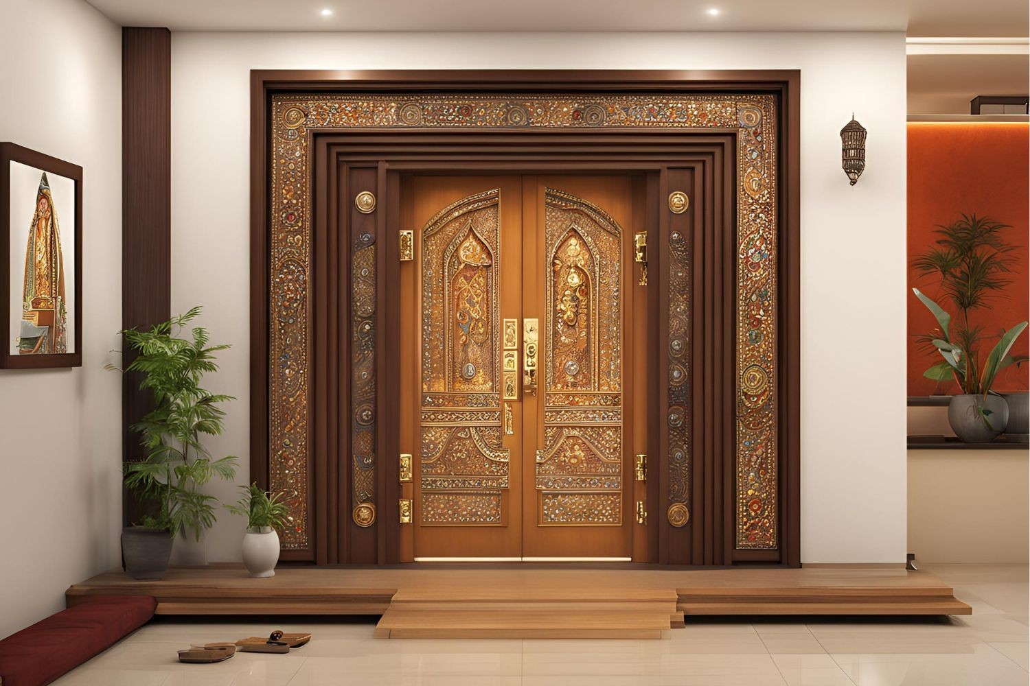 Traditional pooja room door with intricate carvings, brass details and arch design