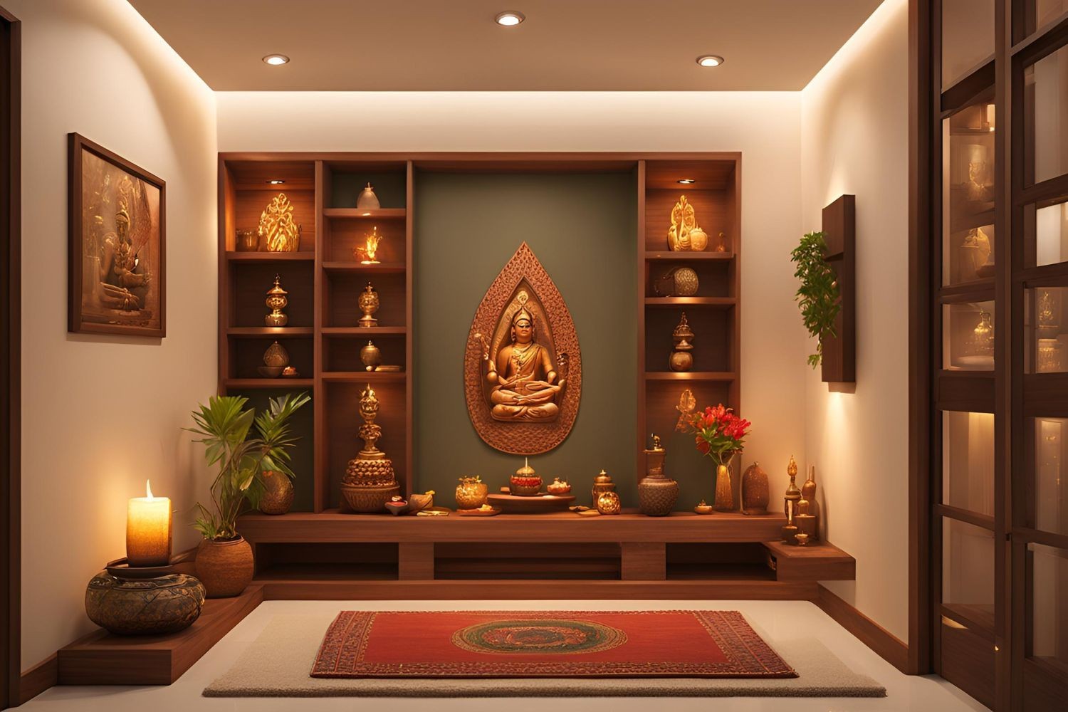 Modern pooja room with marble and brass accents, neutral tones, and Laminate finish