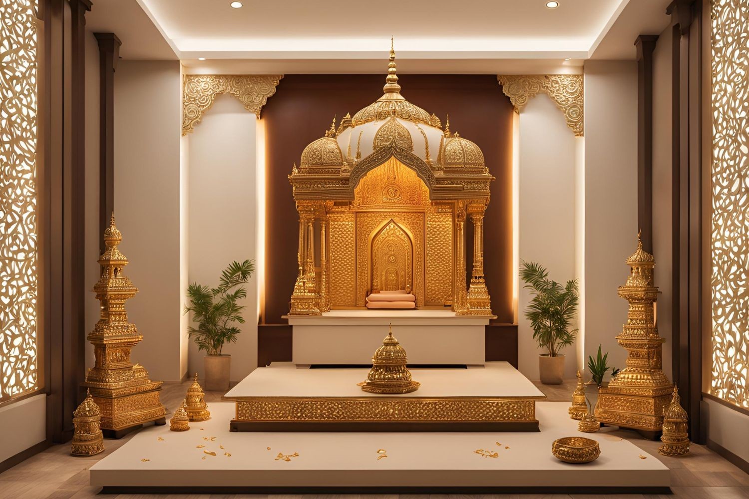 Luxurious modern home mandir with gold finish laminate