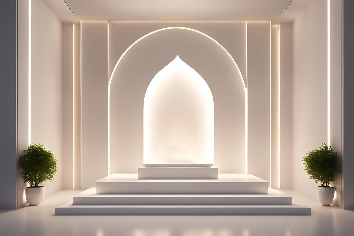 Modern white laminate mandir with archway and podium