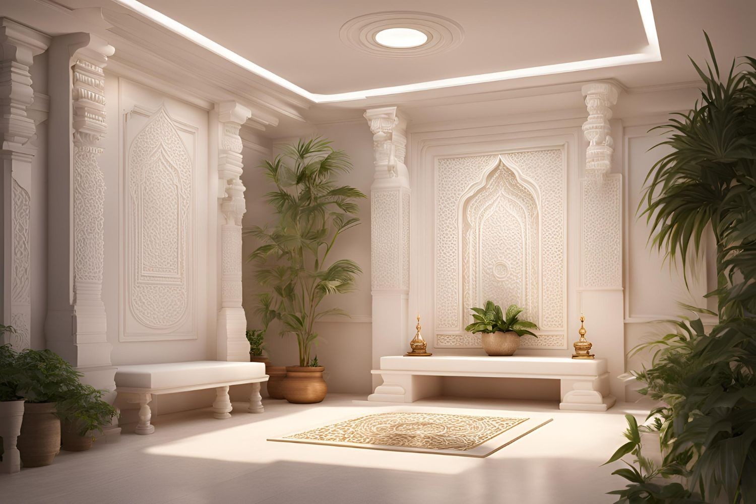Traditional pooja room with carved marble and floral motifs