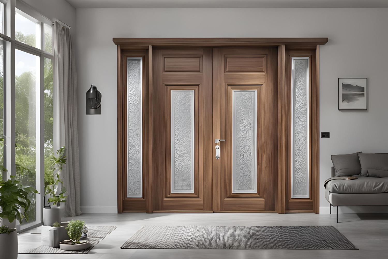 wood and light grey indian main door design