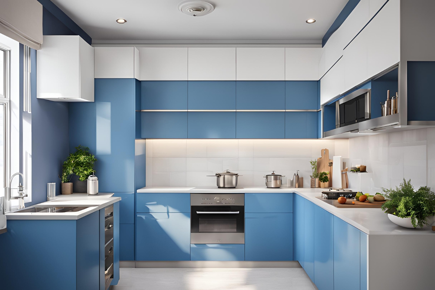 blue and white laminate U shaped kitchen design