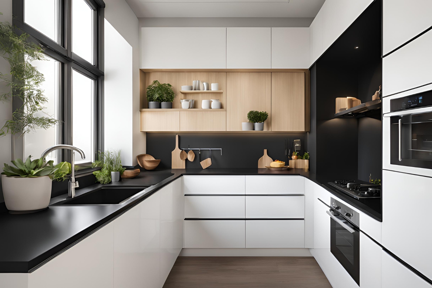 black and white u shaped kitchen design