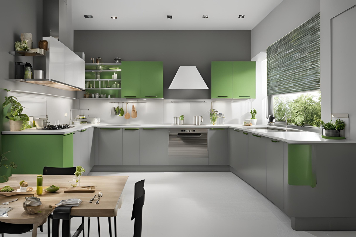Green & grey laminates Modern U shaped kitchen design