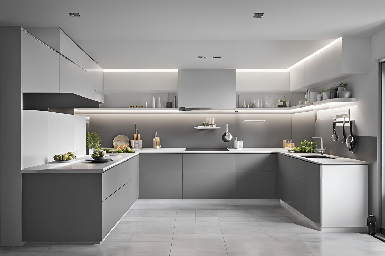 grey and white laminate U shape kitchen design