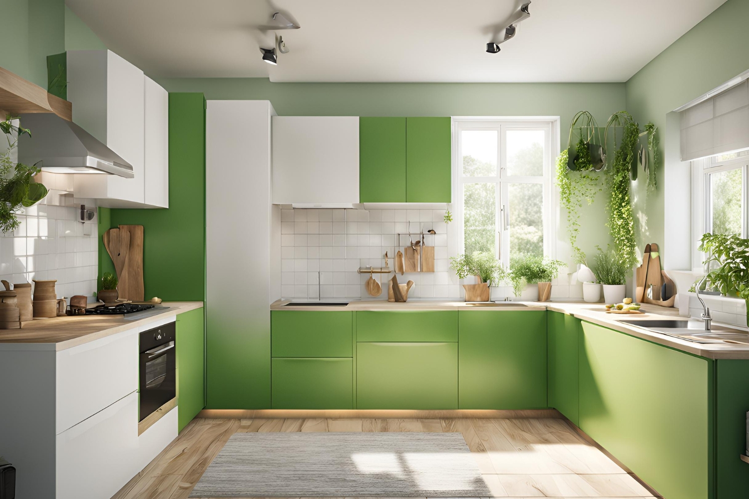 Green & white laminates U shaped kitchen design