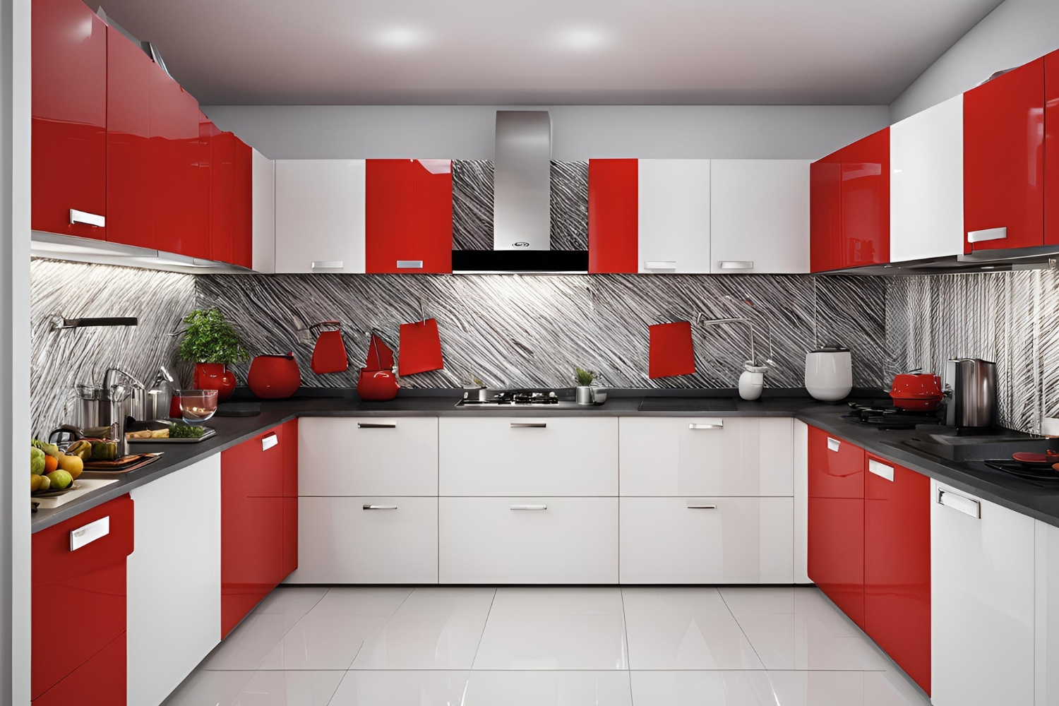 Red & white laminates bold U shaped kitchen design