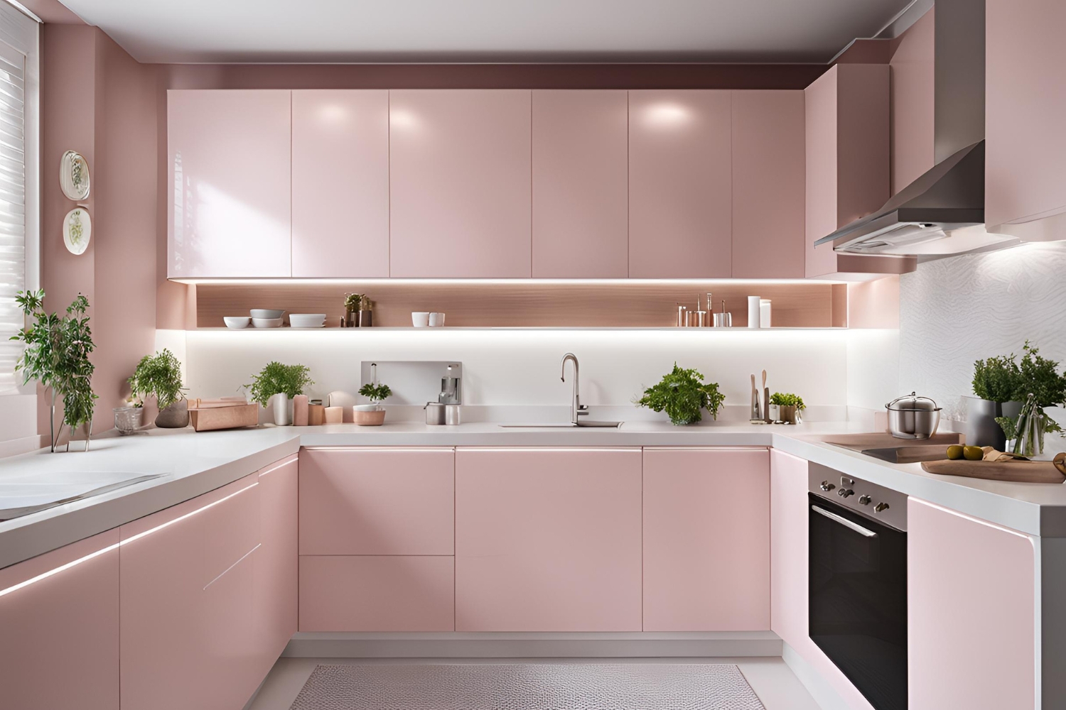 Pink & white laminates Modern U shaped kitchen design